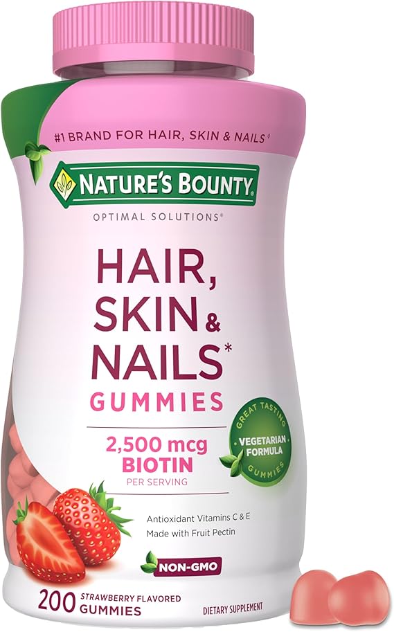 NB HSN 2500MCG strawberry Nature's Bounty Optimal Solutions Hair, Skin and Nails Pectin Gummies, 2500 mcg Biotin, Strawberry Flavor, 80 count - Image 1